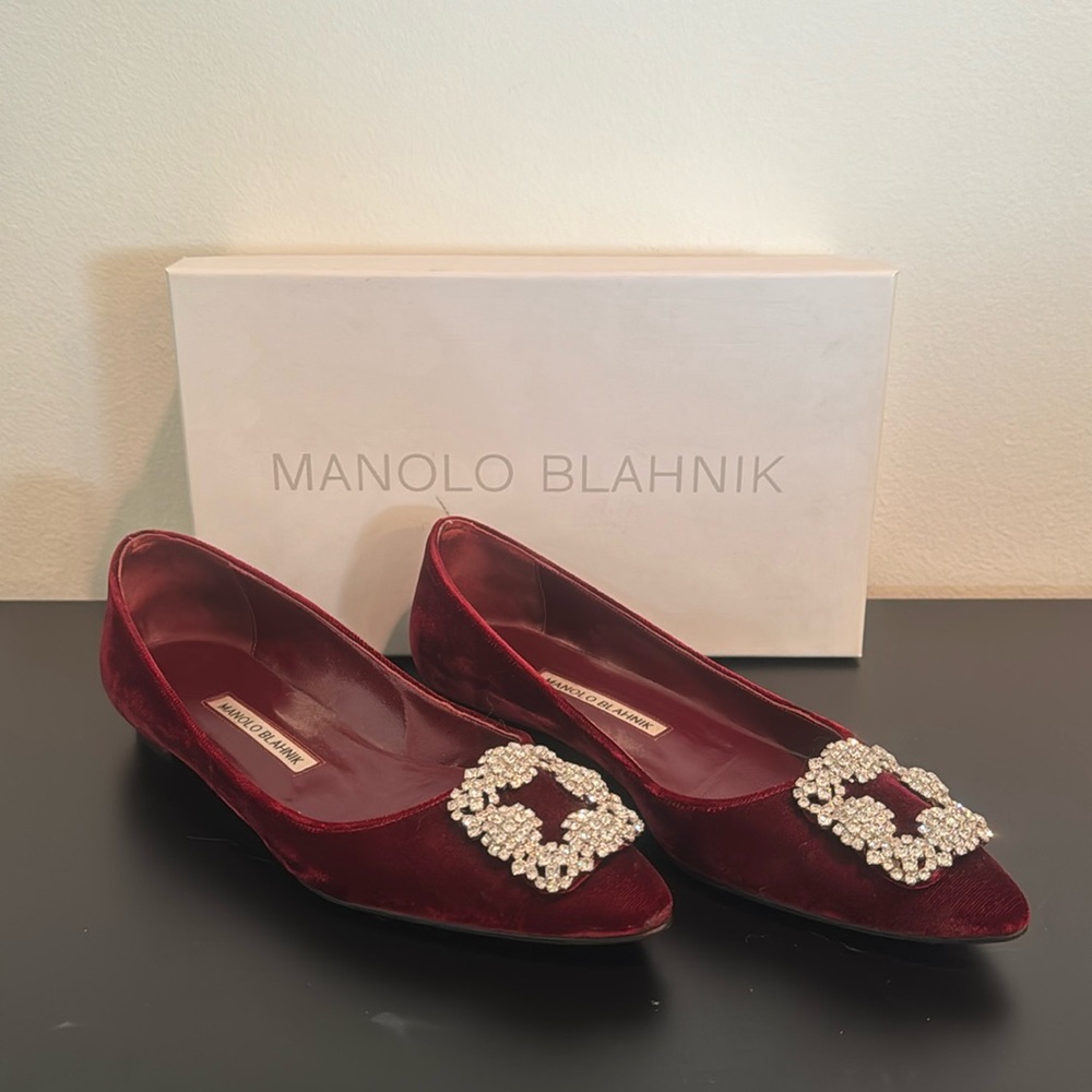 Manolo Blahnik Burgundy Velvet Pointed Toe Flats with Crystal Buckles